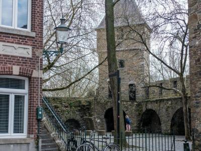 View of the Jekertoren tower, a historic landmark in Maastricht, Netherlands.