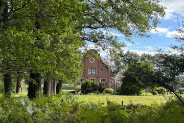 A picturesque Dutch gabled house nestled in lush greenery, perfect for tranquil rural themes.