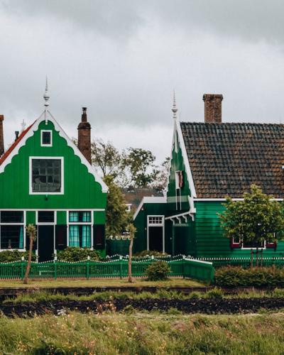 Traditional green Dutch houses in Kinderdijk, showcasing unique architecture and vibrant exteriors.