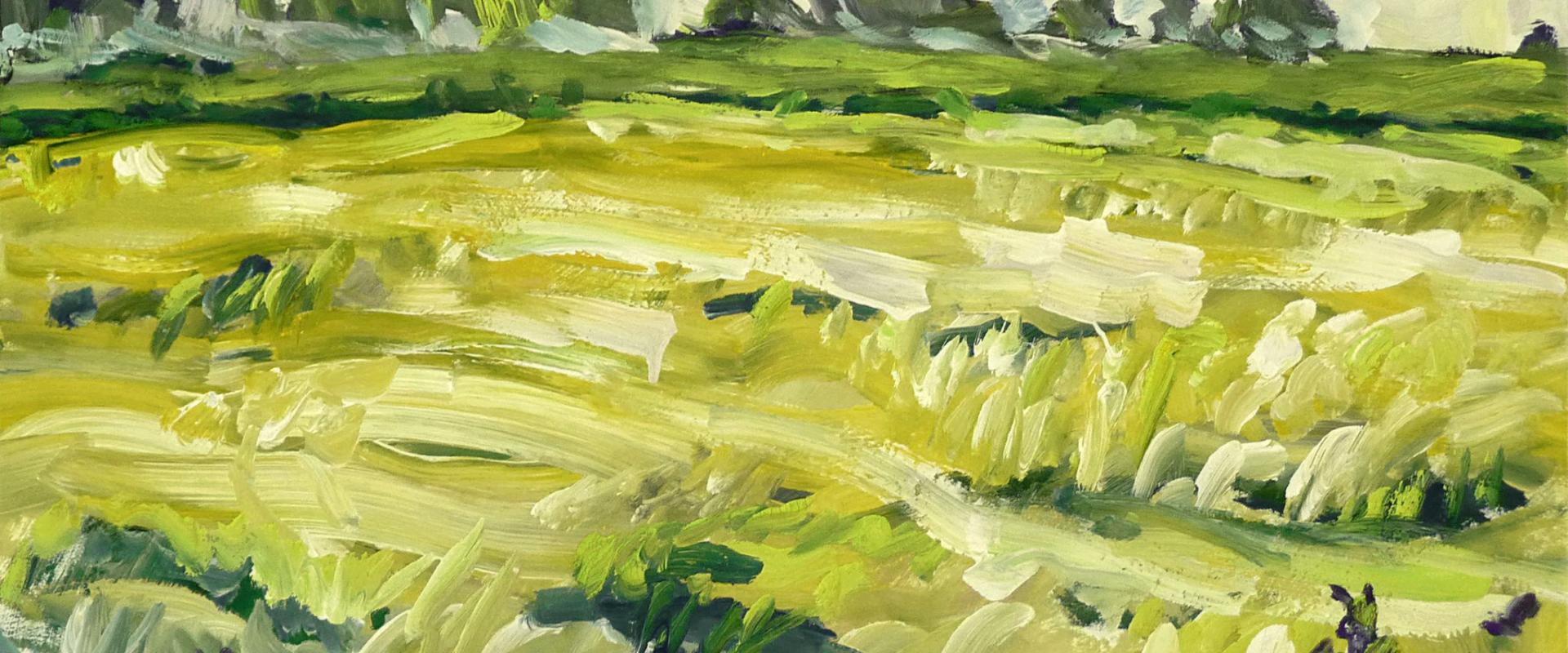 Dutch Summer-landscape in province Groningen in 1985, ripe grain fields near the village Bourtange - gouache painting on paper by artist Fons Heijnsbroek, landscape painting in The Netherlands