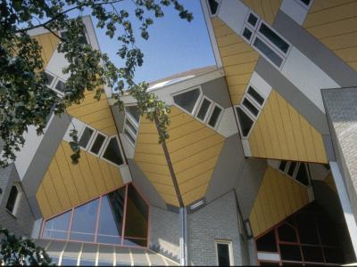 The tilted Cube Houses seen from below, home of the Kijk-Kubus show home