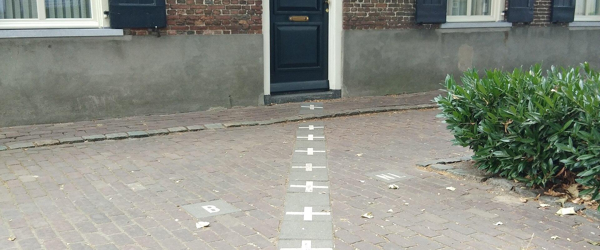 Border crosses and NL/B markings painted on the pavement at a house doorway in Baarle, where the Belgian-Dutch border runs through the town