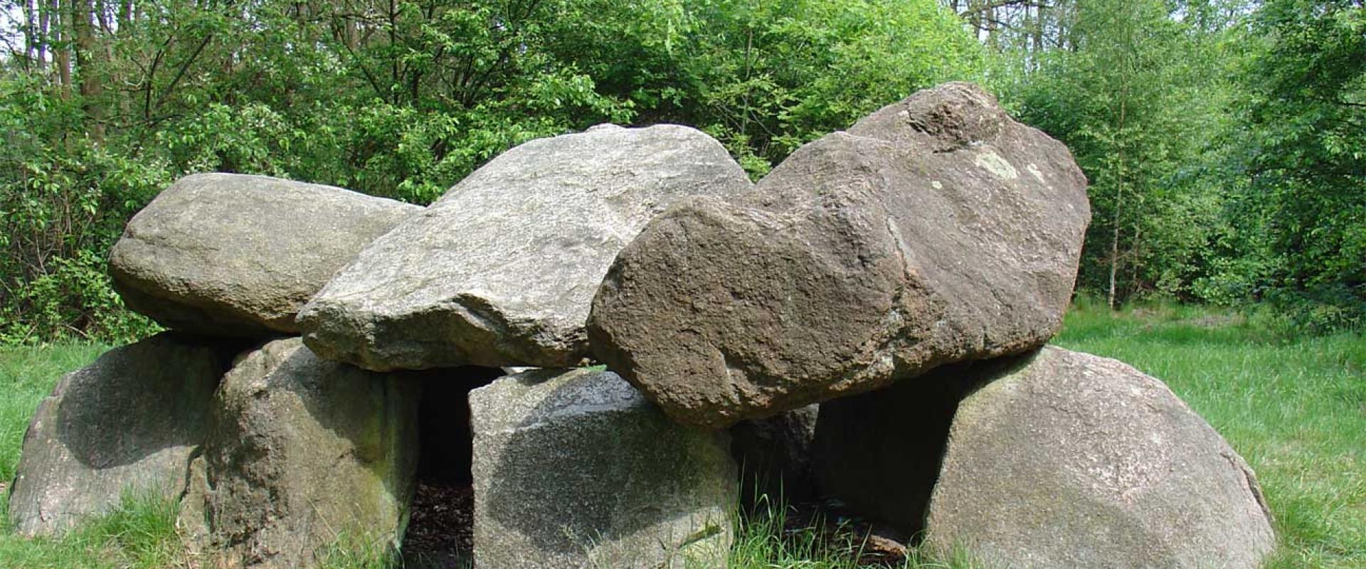 A large, ancient stone structure with a flat capstone rests on upright stones in a grassy field, surrounded by green trees.