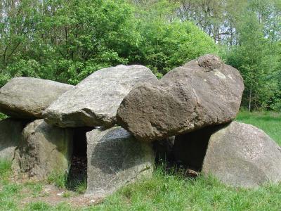 A large, ancient stone structure with a flat capstone rests on upright stones in a grassy field, surrounded by green trees.