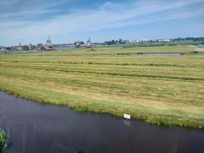 A wide landscape view of a grassy polder field with a canal in the foreground and a cluster of traditional Dutch windmills and buildings along the riverbank in the distance.