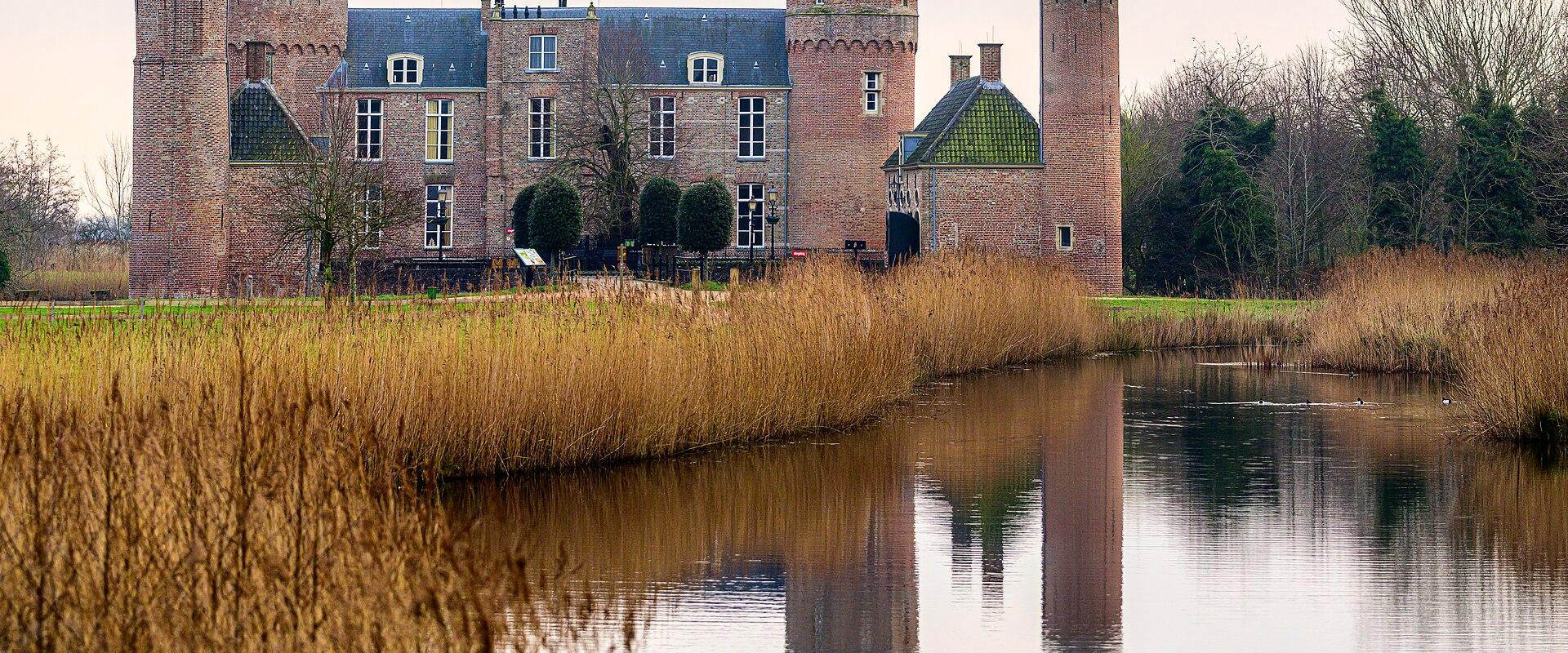 A historic brick castle with multiple towers and a dark roof, reflected in a calm river, surrounded by tall golden reeds and bare trees.