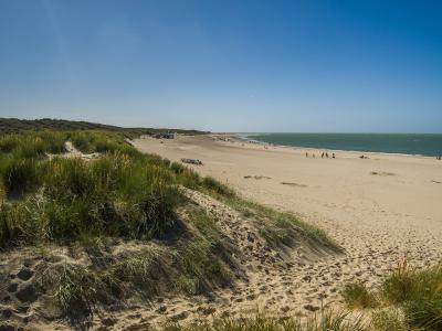 A wide, sandy beach scene with a blue sky, showing a few people on the sand, dune vegetation in the foreground, and a small structure (possibly a beach pavilion or lifeguard station) near the water's edge.