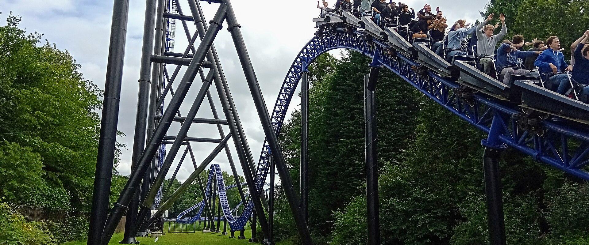 Riders on the Goliath roller coaster at Walibi Holland, Biddinghuizen