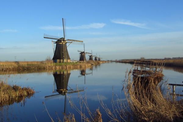 The windmills of Kinderdijk reflected in the polder water