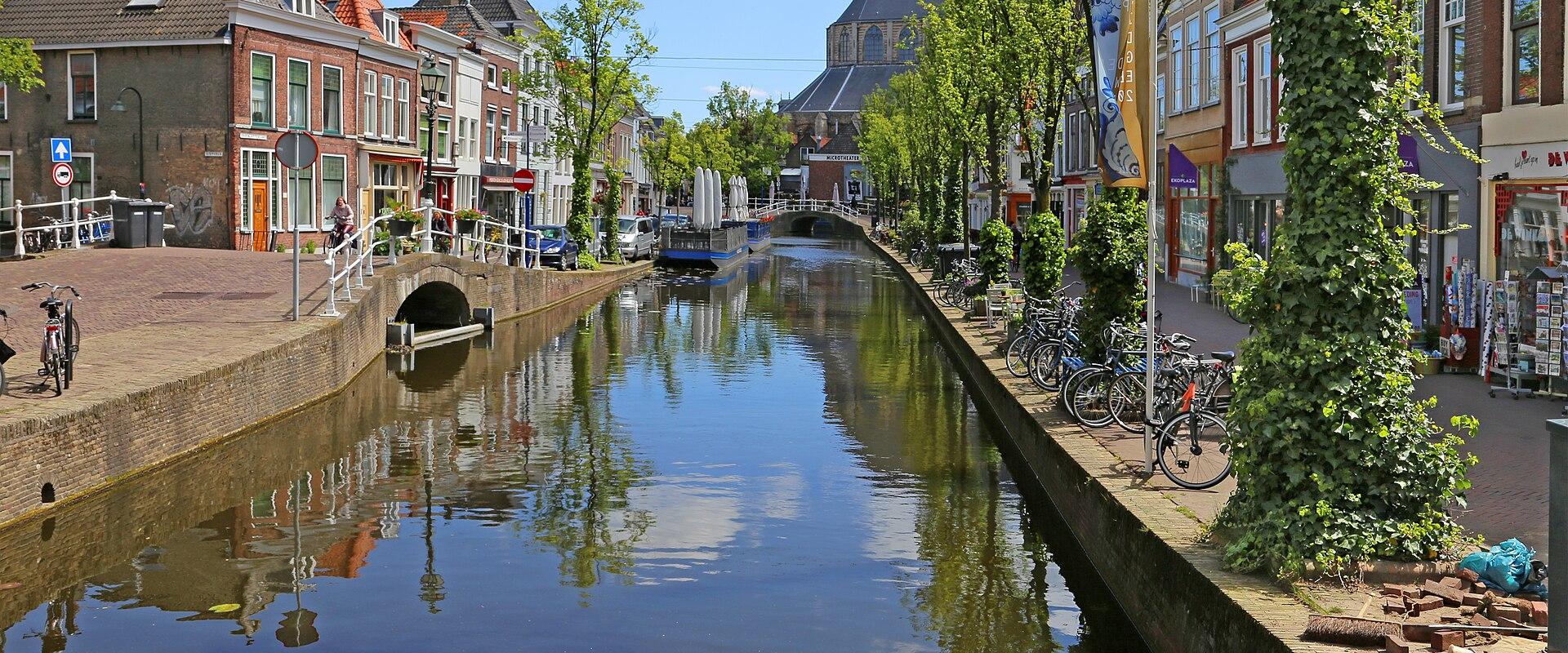 A tree-lined canal in the old centre of Delft