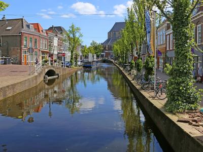 A tree-lined canal in the old centre of Delft