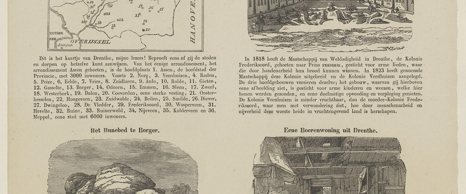 A page from an 1843 Dutch educational print series titled "Prenten-Magazijn voor de Jeugd" featuring a map of Drenthe province and illustrations including a courtyard scene labeled "Het Gesticht voor Kinderen te Veenhuizen."