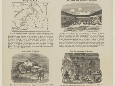 A page from an 1843 Dutch educational print series titled "Prenten-Magazijn voor de Jeugd" featuring a map of Drenthe province and illustrations including a courtyard scene labeled "Het Gesticht voor Kinderen te Veenhuizen."