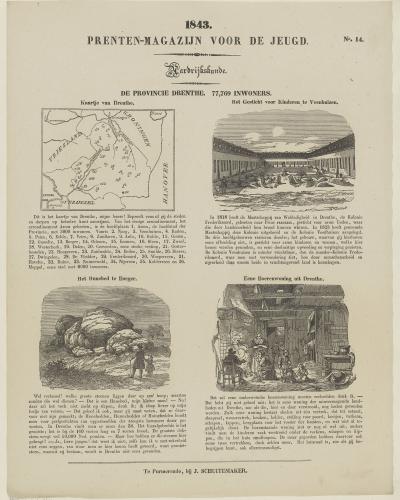A page from an 1843 Dutch educational print series titled "Prenten-Magazijn voor de Jeugd" featuring a map of Drenthe province and illustrations including a courtyard scene labeled "Het Gesticht voor Kinderen te Veenhuizen."