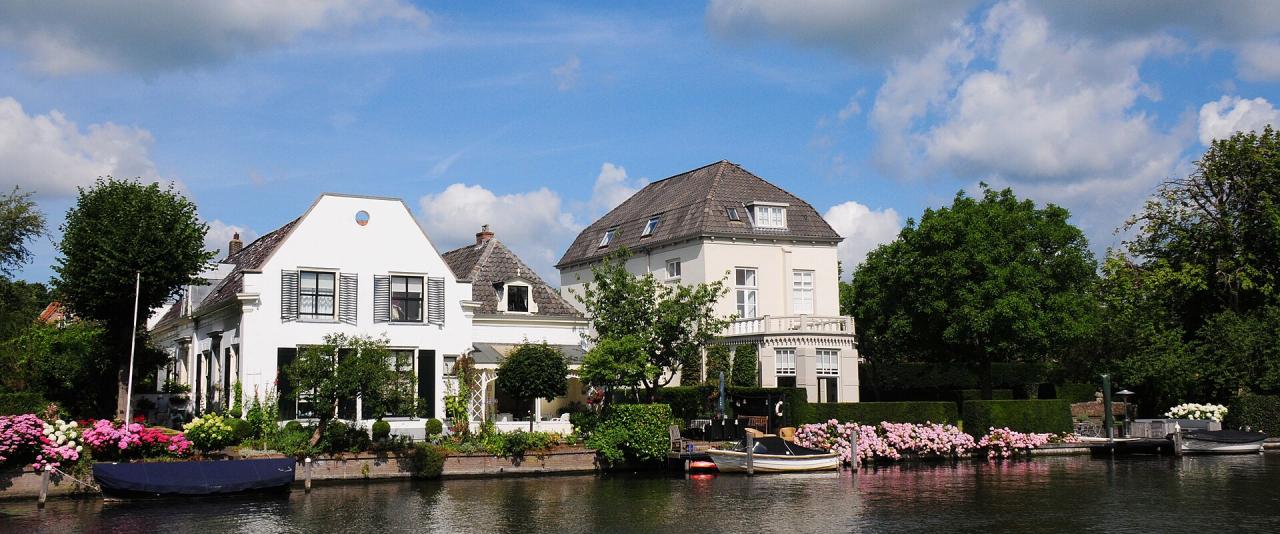 Vecht , houses, clouds and hydrangea's (Hortensia's) at Breukelen