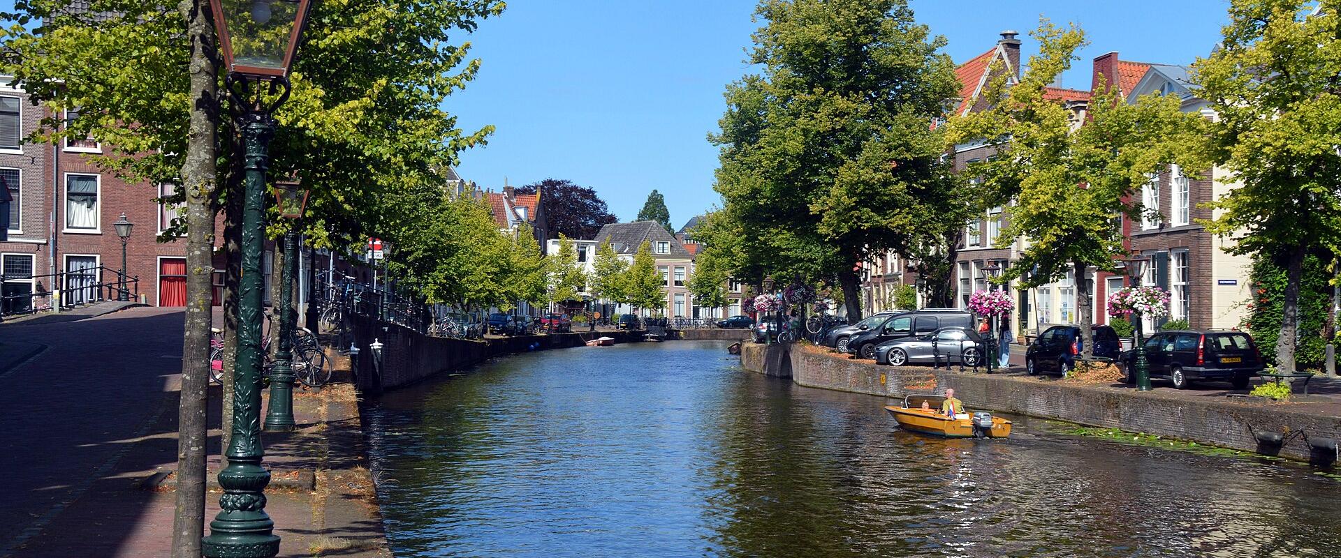 The tree-lined Rapenburg canal in the centre of Leiden