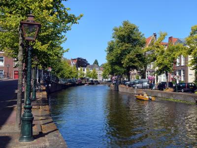 The tree-lined Rapenburg canal in the centre of Leiden
