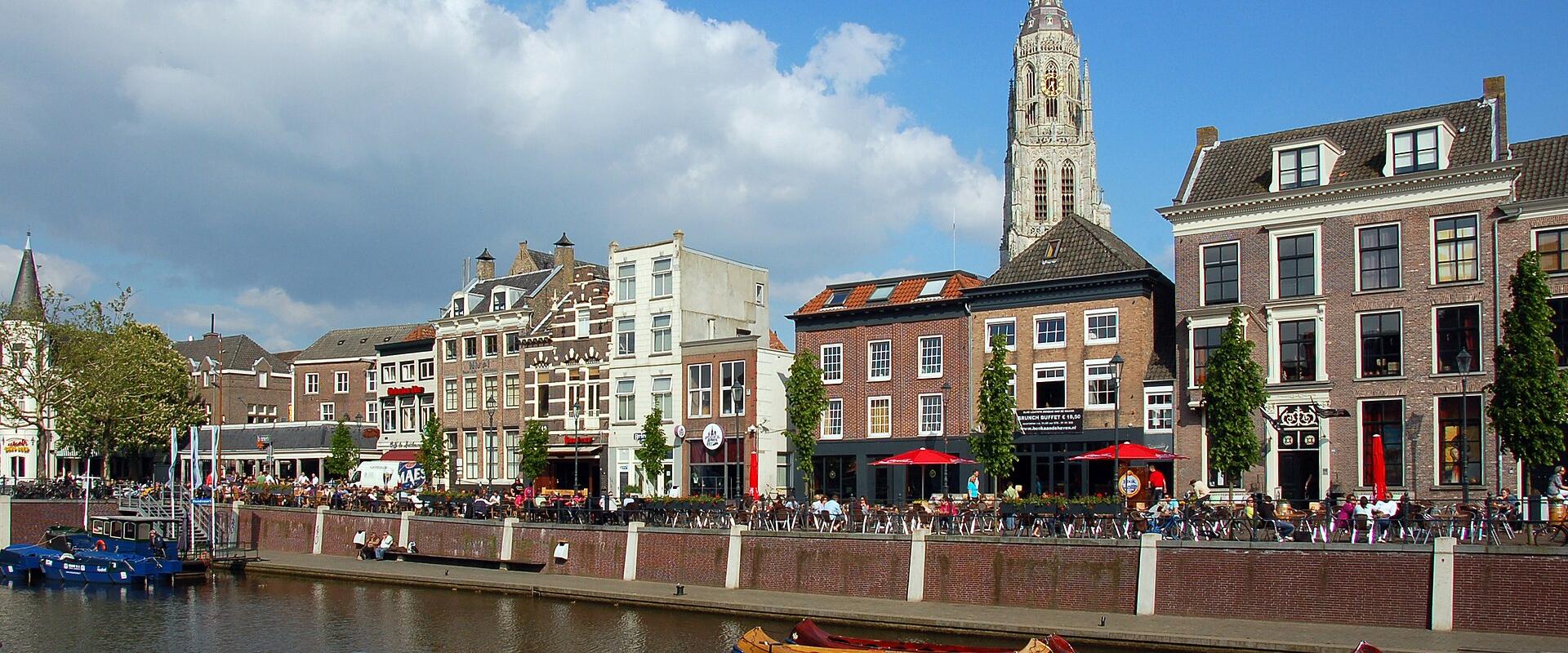 The old harbour of Breda with the tower of the Grote Kerk, West Brabant