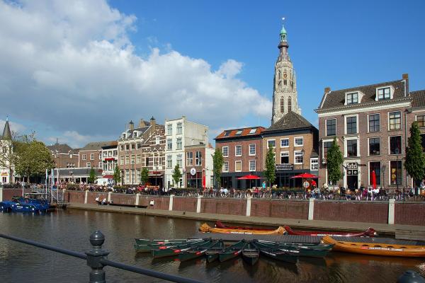 The old harbour of Breda with the tower of the Grote Kerk, West Brabant