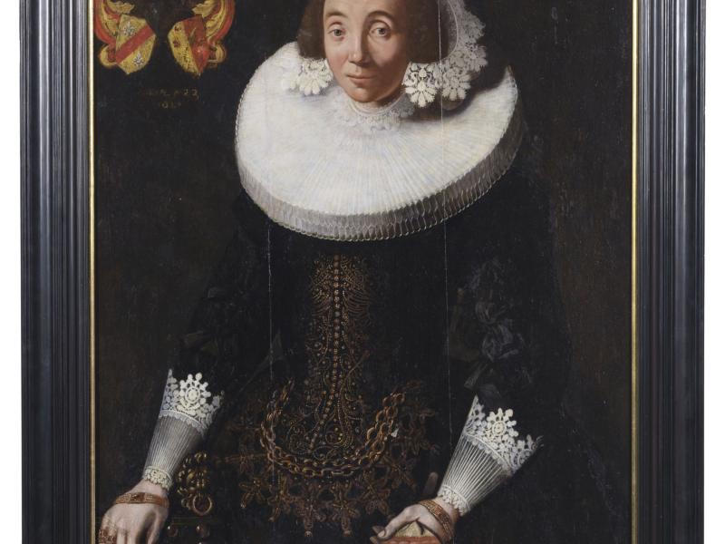1. A framed oil painting of a woman in 17th-century Dutch attire, including a large white ruff collar and lace cuffs, with a coat of arms in the upper left corner; the image includes metadata text referencing “Anna Vinckenborg” and “Groninger Museum.