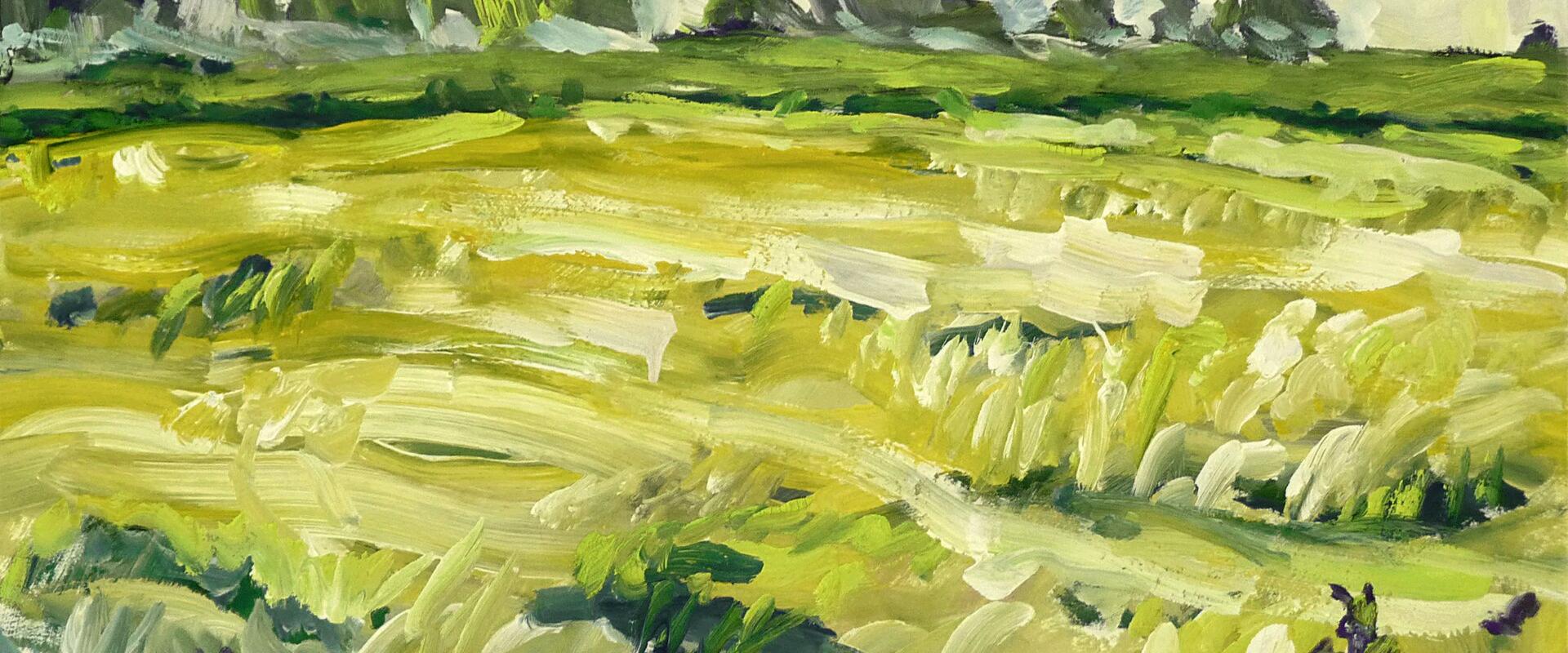 Dutch Summer-landscape in province Groningen in 1985, ripe grain fields near the village Bourtange - gouache painting on paper by artist Fons Heijnsbroek, landscape painting in The Netherlands