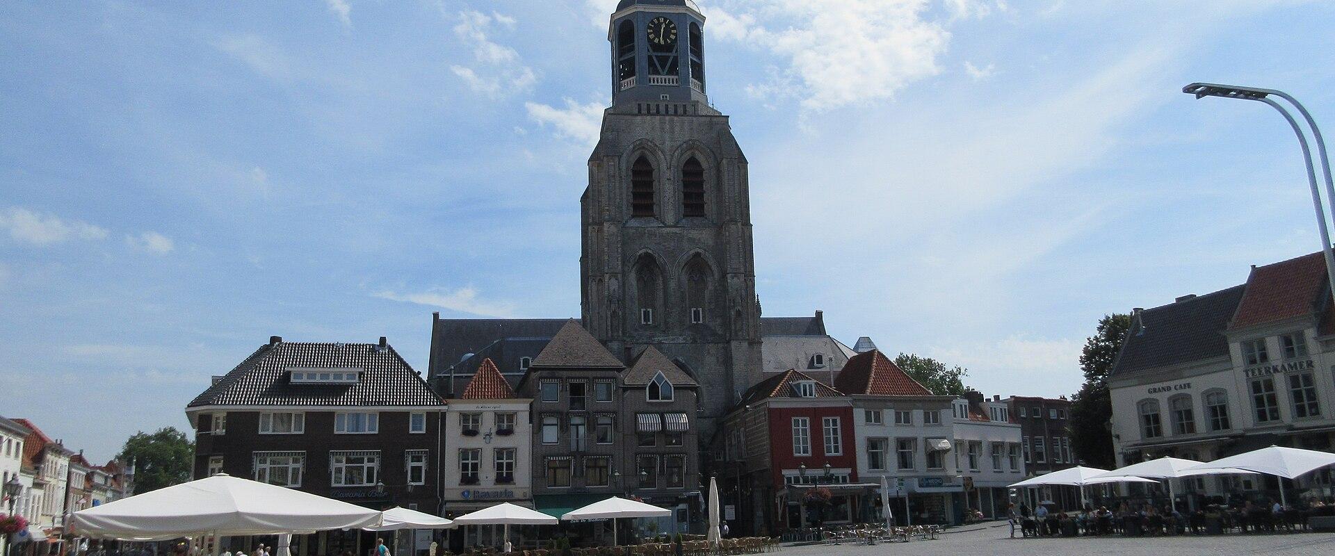 The Peperbus tower of the Sint-Gertrudisbasiliek over the Grote Markt of Bergen op Zoom