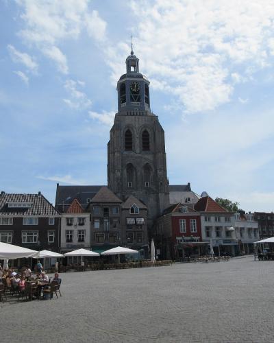 The Peperbus tower of the Sint-Gertrudisbasiliek over the Grote Markt of Bergen op Zoom