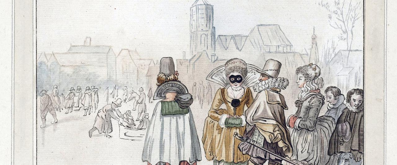 1. A historical watercolor or print depicting figures in 17th-century Dutch attire on a frozen canal, with a church tower and buildings in the background; includes handwritten inscription at bottom left referencing “Elector Frederick V” and date “162