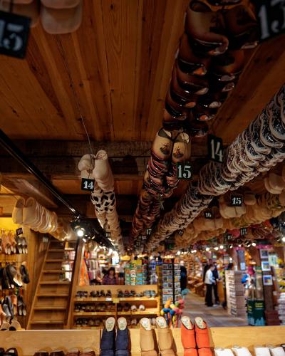 Racks of wooden clogs in the clog workshop at Zaanse Schans