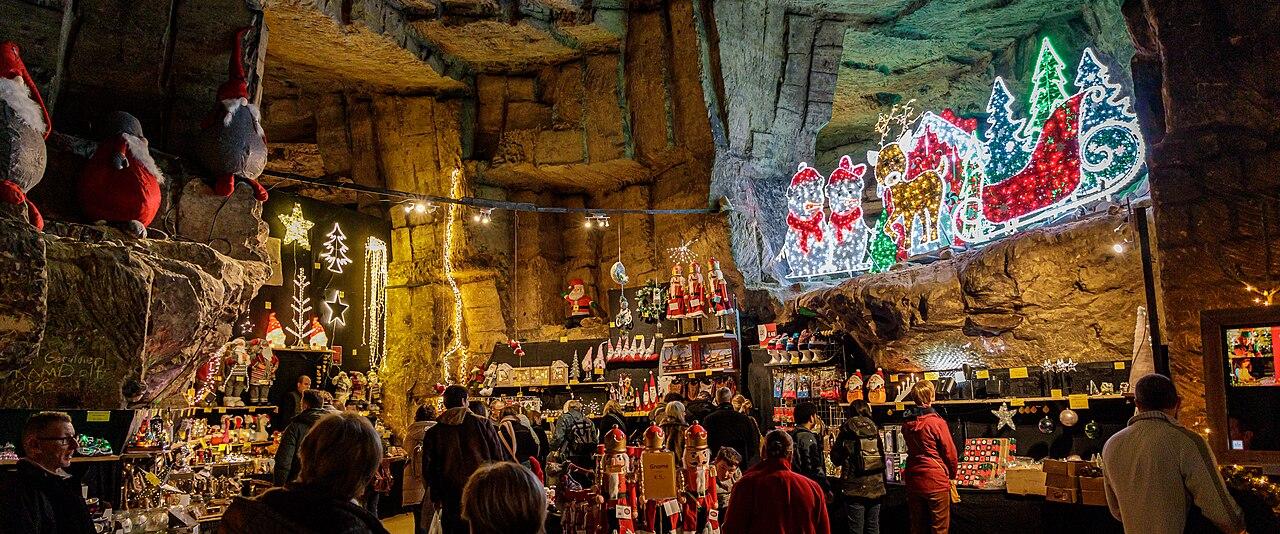 Christmas stalls and lights inside the Gemeentegrot cave in Valkenburg