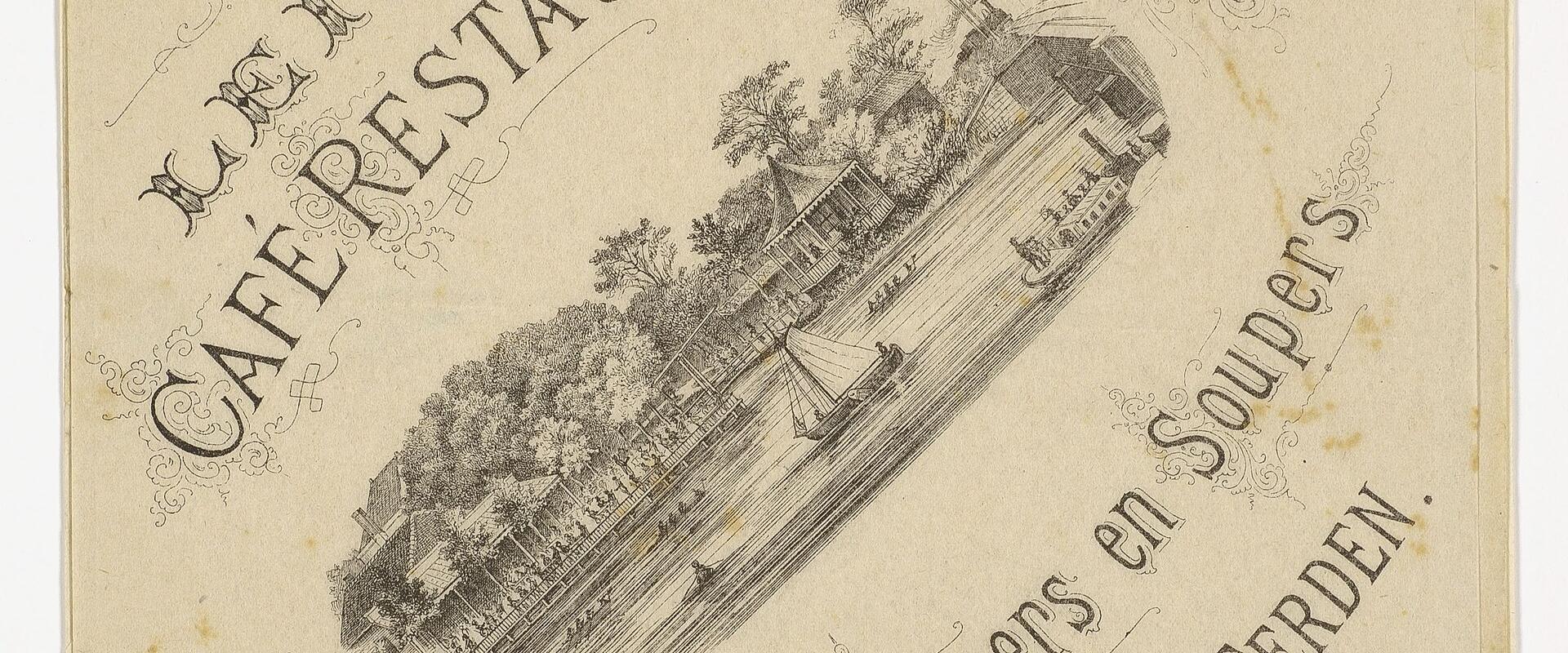 An antique menu cover for "De Vink" café-restaurant, featuring a central illustration of a waterside building with a boat and trees, surrounded by text including "De Vink nabij Katwijk", "CAFÉ RESTAURANT", "Dejeuners Diners en Soupers", and "F.A.M.J.
