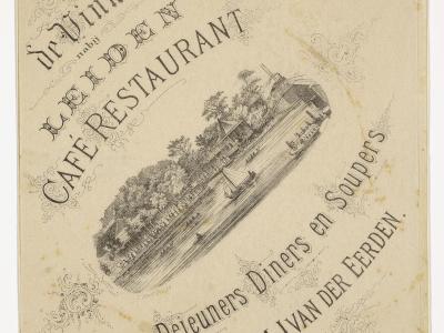 An antique menu cover for "De Vink" café-restaurant, featuring a central illustration of a waterside building with a boat and trees, surrounded by text including "De Vink nabij Katwijk", "CAFÉ RESTAURANT", "Dejeuners Diners en Soupers", and "F.A.M.J.