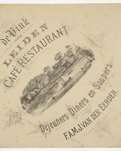 An antique menu cover for "De Vink" café-restaurant, featuring a central illustration of a waterside building with a boat and trees, surrounded by text including "De Vink nabij Katwijk", "CAFÉ RESTAURANT", "Dejeuners Diners en Soupers", and "F.A.M.J.