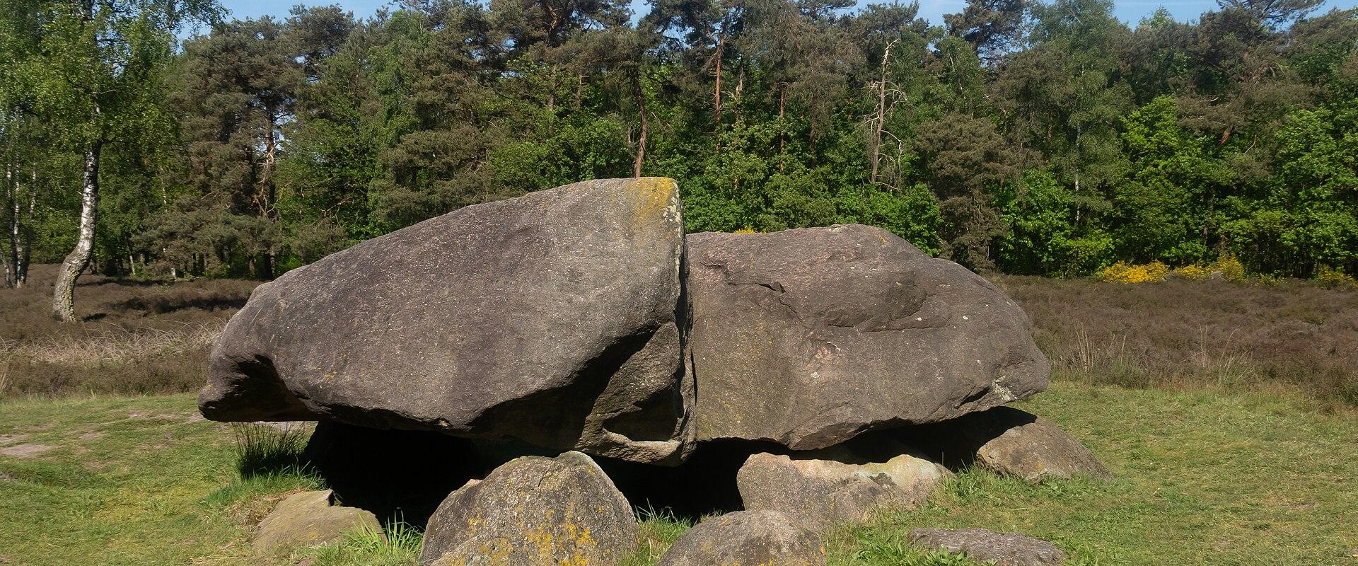 A large prehistoric dolmen (hunebed) consisting of massive capstones resting on upright supporting stones, situated in a grassy clearing with a forest background.