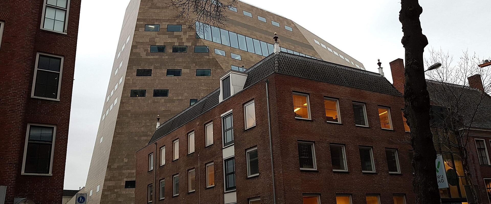 The angular Forum Groningen rising above the old town