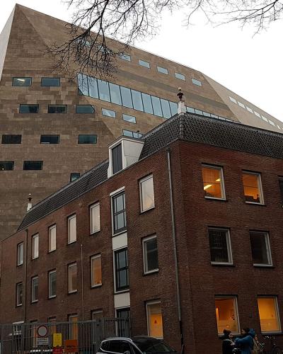The angular Forum Groningen rising above the old town